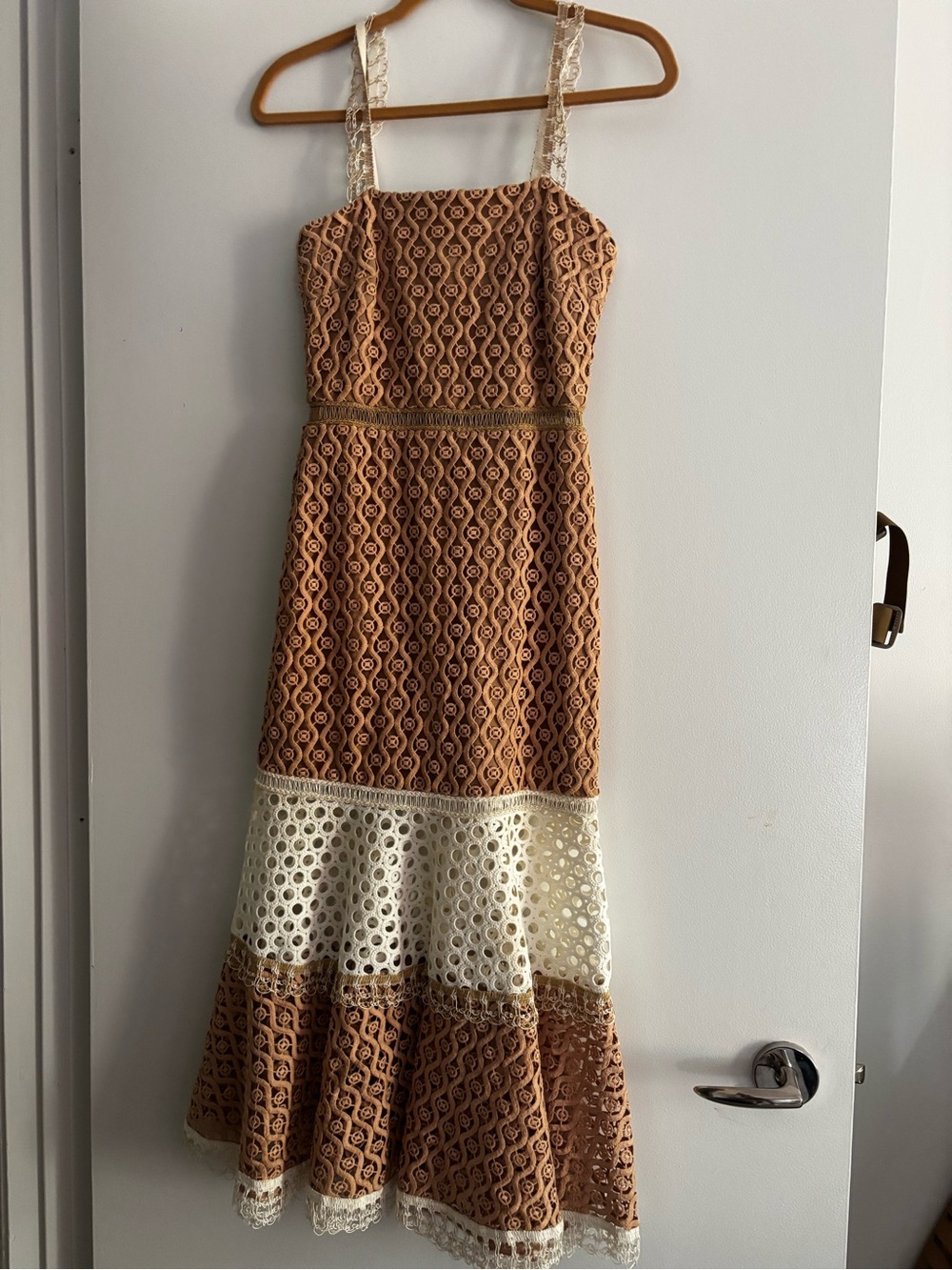 Alexis Crochet-Panel Midi Dress in Tan and Cream